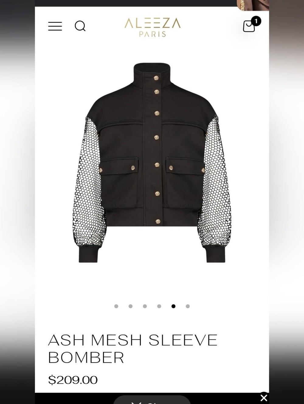 Ash Black Bomber Jacket with Mesh Sleeves New Aleeza Parish